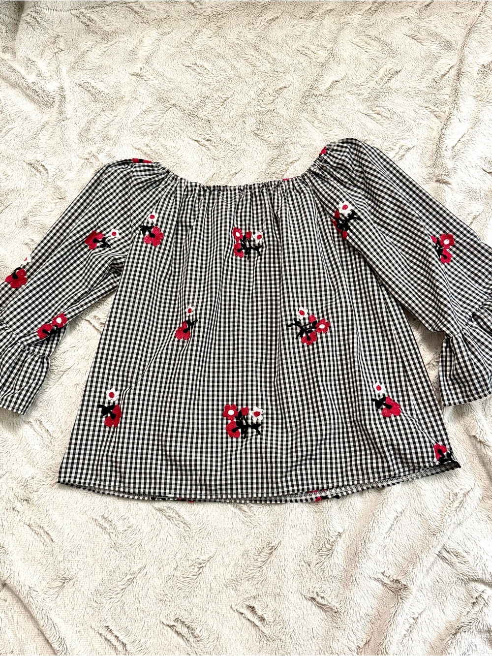 Black & White Gingham Off-Shoulder Top with Red Floral Accents